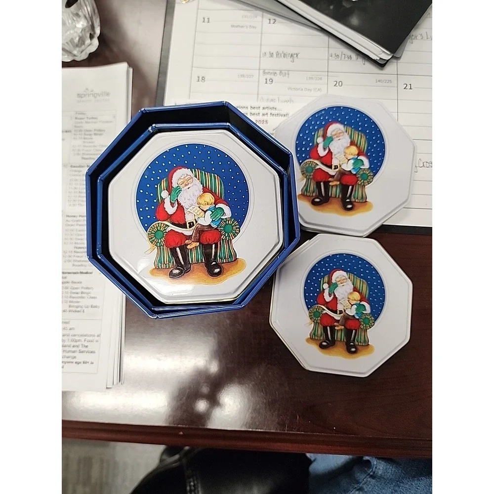 3 Pc 1997 Chadwick-Miller SANTA w/CHILD ON LAP Nesting Tin Containers. Octagonal - Picture 8 of 8